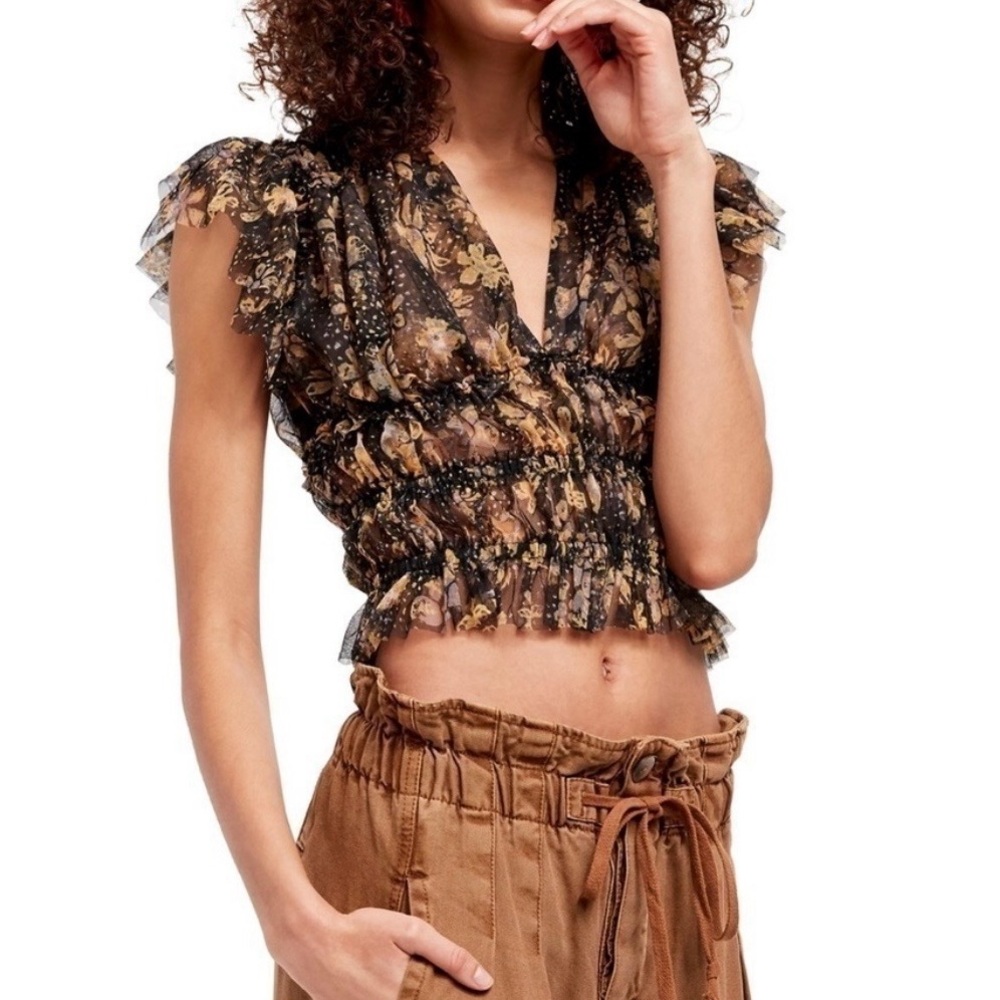 Free People Black and Brown Floral Blouse